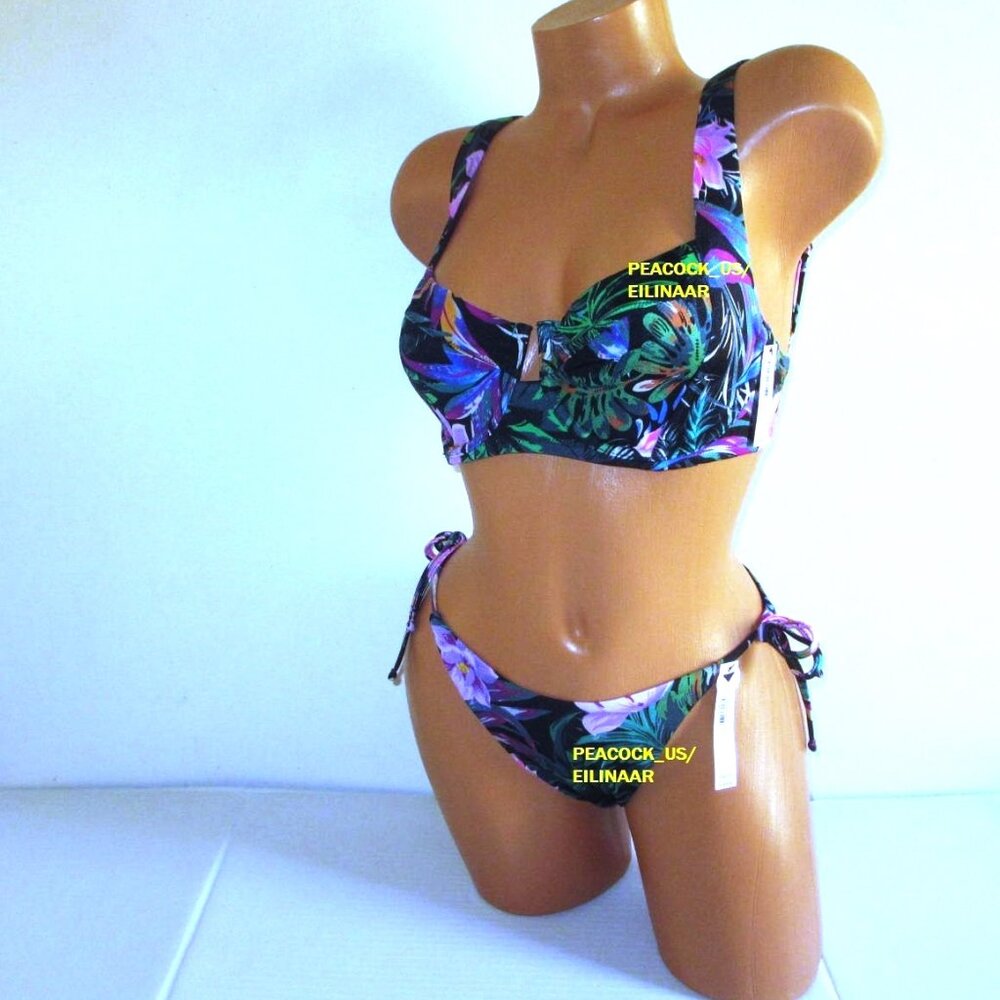 34C/S VICTORIA SECRET SWIM Lace-Up Top Bikini Set Side Tie Cheeky Bottom Floral - Picture 8 of 12